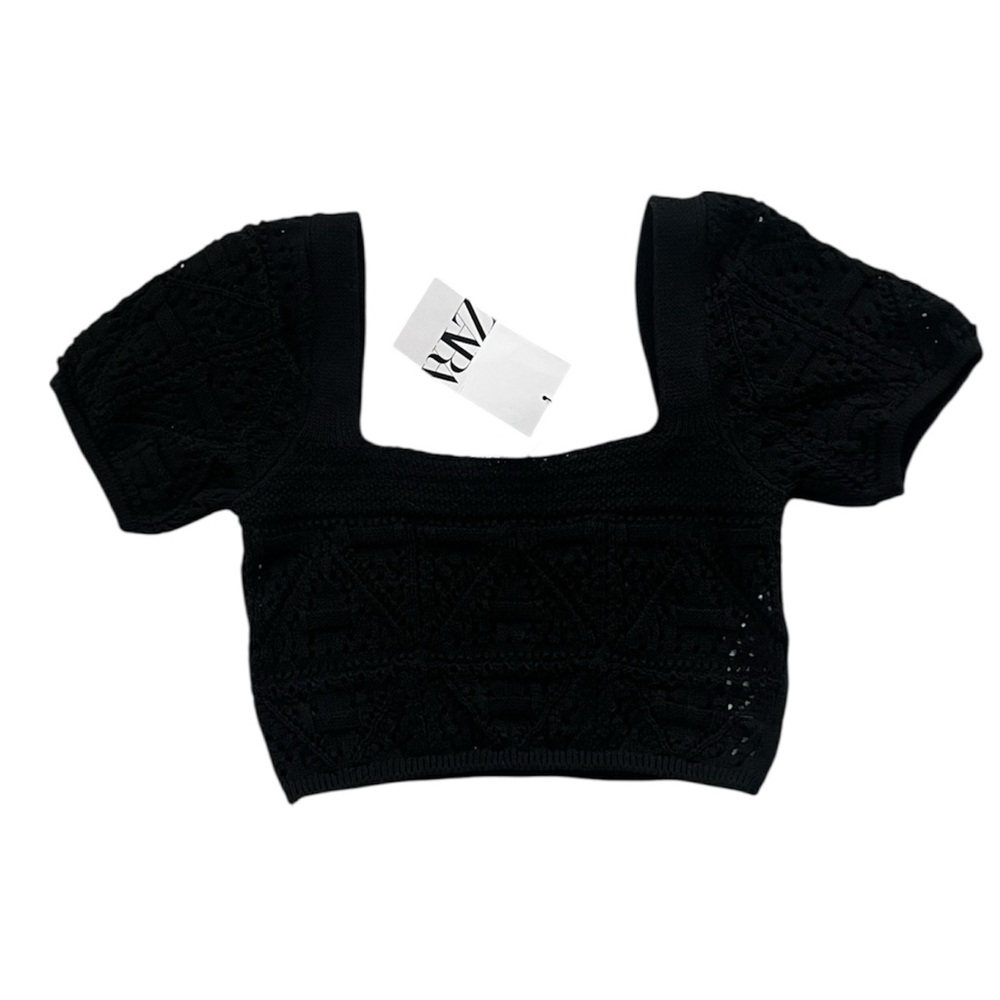 Zara Crocheted Crop Top With Sleeves Black Women’s Size Medium NWT